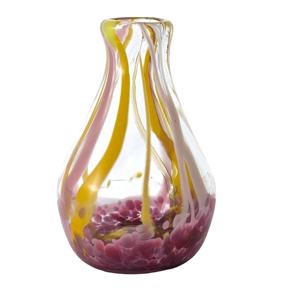 Hand Blown Pink Yellow Speckled Vase 5.5" rough pontil glass spatterware vtg